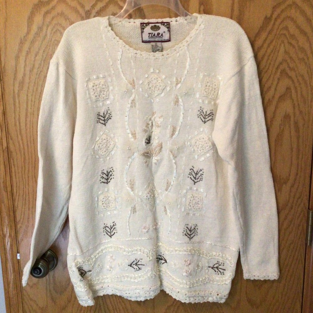 Tiara International - Vintage Long Cream Embroidered & Beaded Long Sweater